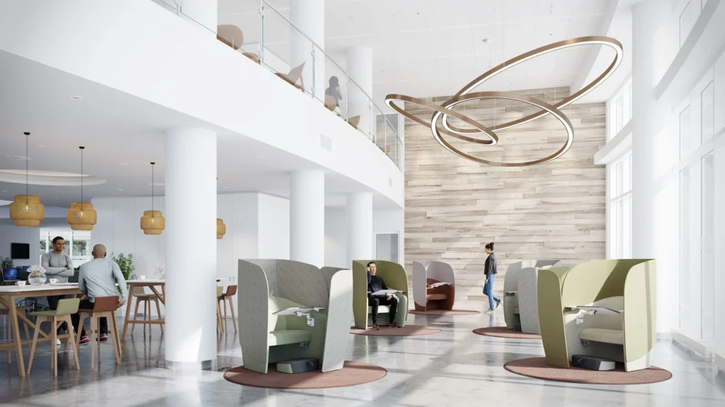 A modern office featuring sleek chairs and a prominent circular sculpture as a focal point.